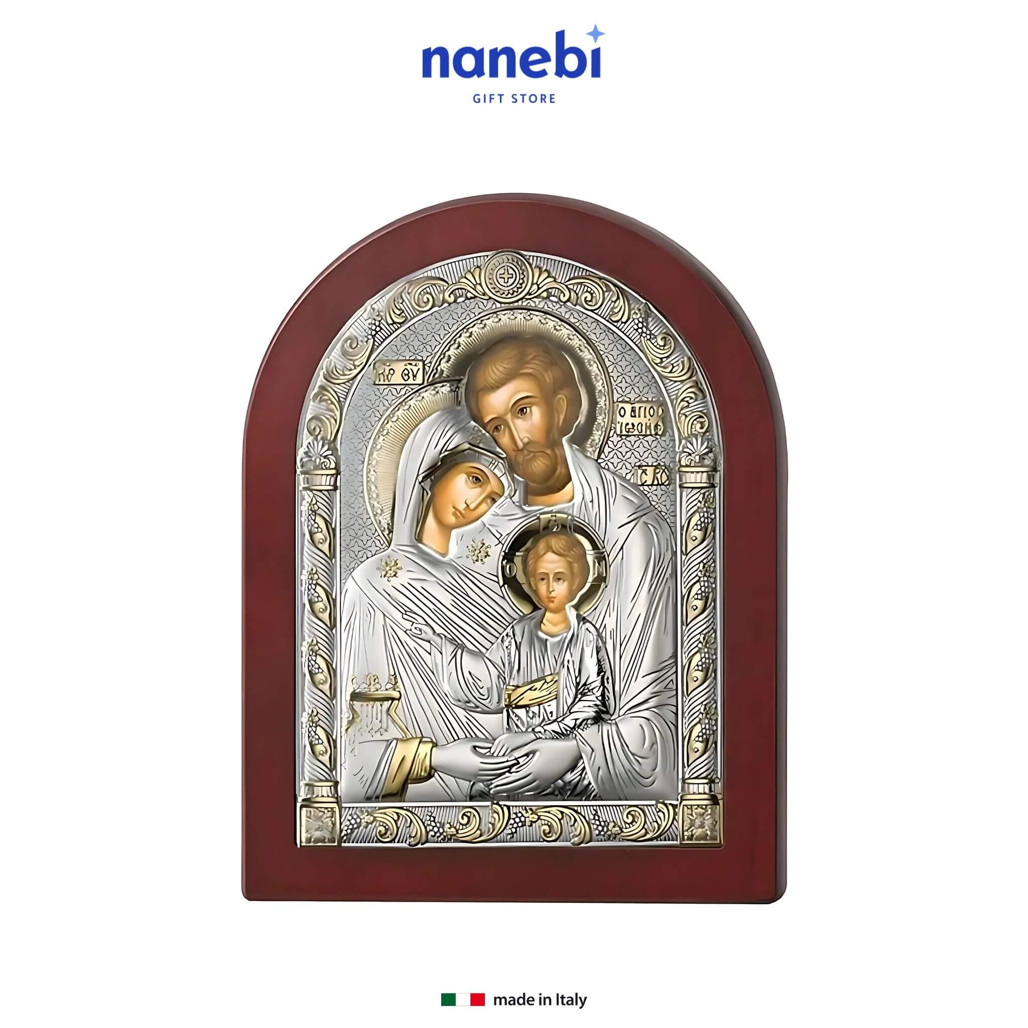 Sacred Family Icon with Arched Wood Frame and Silver-Gold Accents
